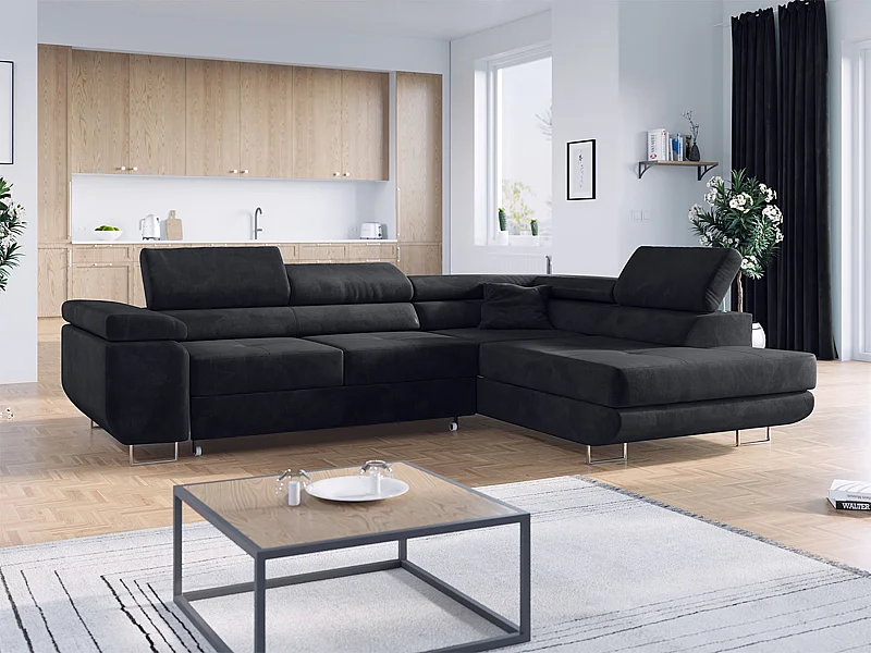 Ecksofa GUSTAW - mit Schlaffunktion, verstellbare Kopfstützen, Metallbeine - Graphitgrau Velvet - Ecke Rechts