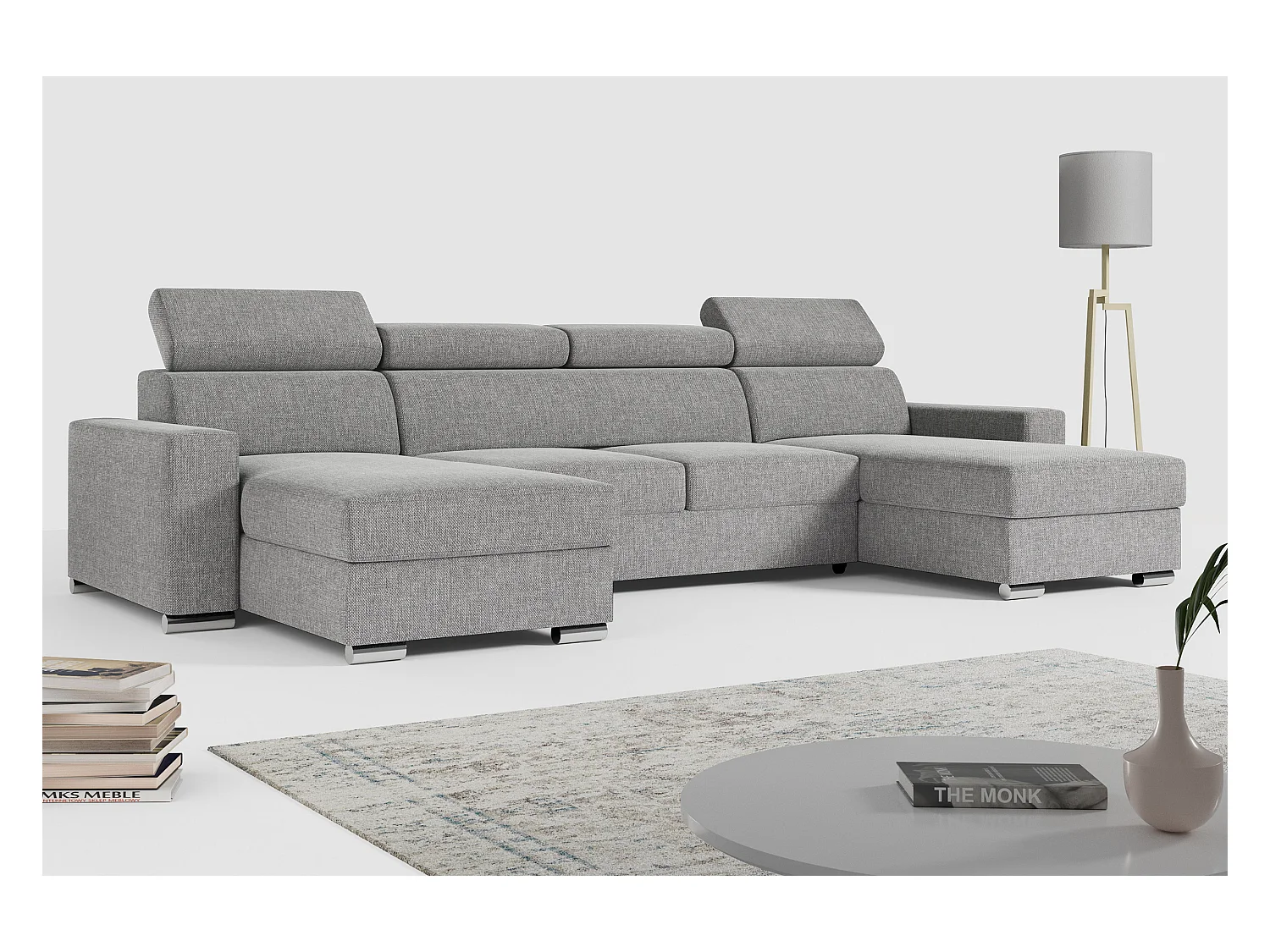 Ecksofa FOX U - verstellbare Kopfstützen, zwei Bettkästen, L-förmige Ecke mit Schlaffunktion, Armlehnen - Hellgrau, Stukture