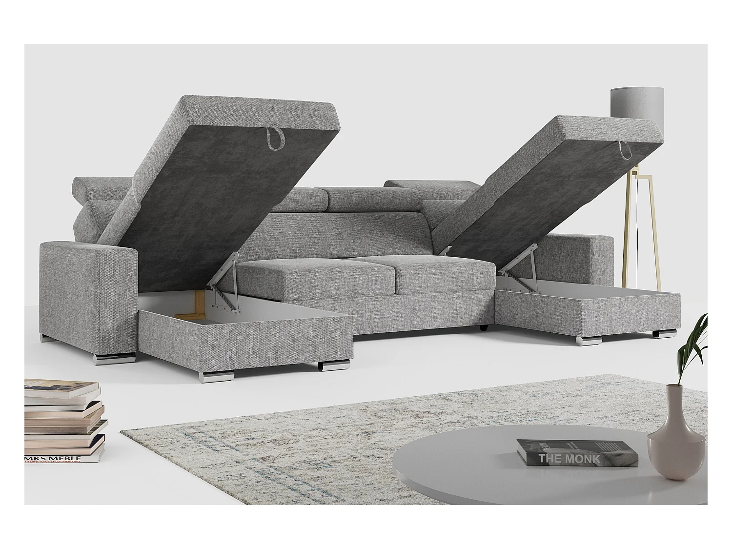 Ecksofa FOX U - verstellbare Kopfstützen, zwei Bettkästen, L-förmige Ecke mit Schlaffunktion, Armlehnen - Hellgrau, Stukture