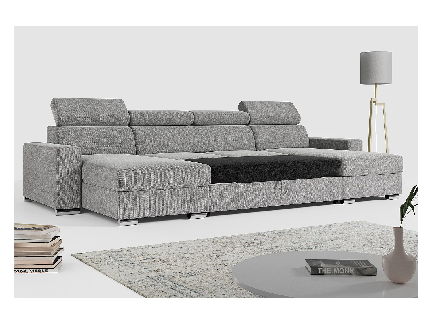 Ecksofa FOX U - verstellbare Kopfstützen, zwei Bettkästen, L-förmige Ecke mit Schlaffunktion, Armlehnen - Hellgrau, Stukture