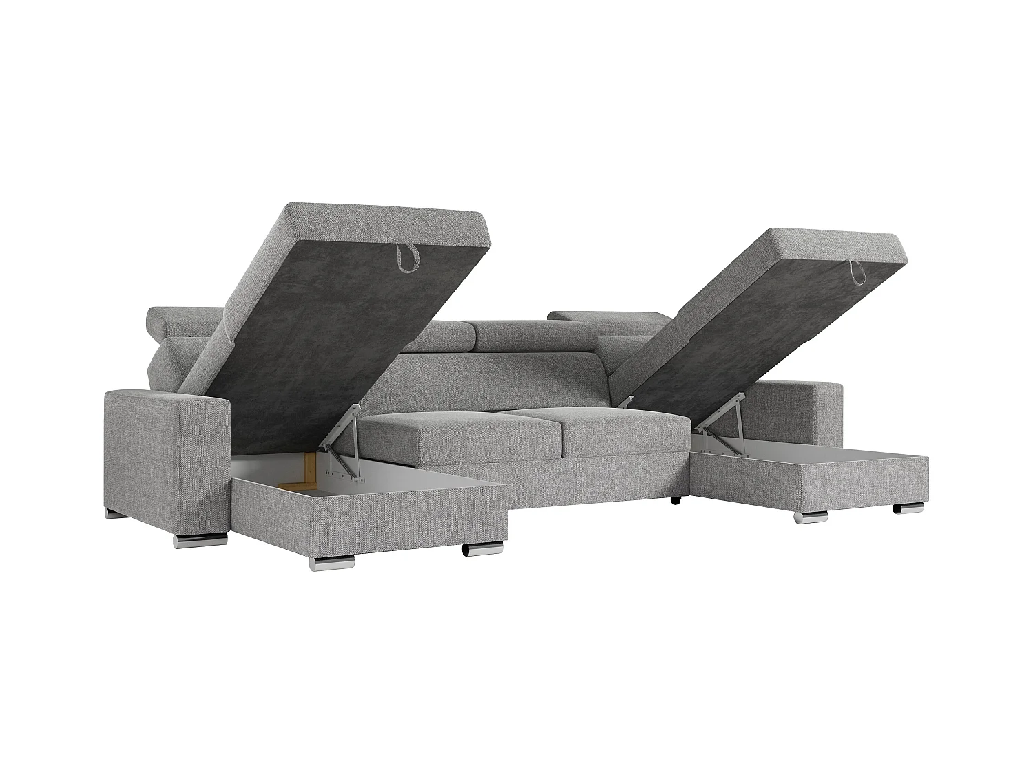 Ecksofa FOX U - verstellbare Kopfstützen, zwei Bettkästen, L-förmige Ecke mit Schlaffunktion, Armlehnen - Hellgrau, Stukture
