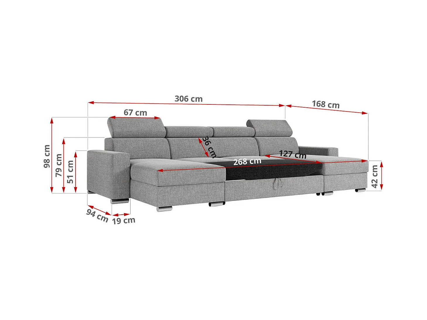 Ecksofa FOX U - verstellbare Kopfstützen, zwei Bettkästen, L-förmige Ecke mit Schlaffunktion, Armlehnen - Hellgrau, Stukture