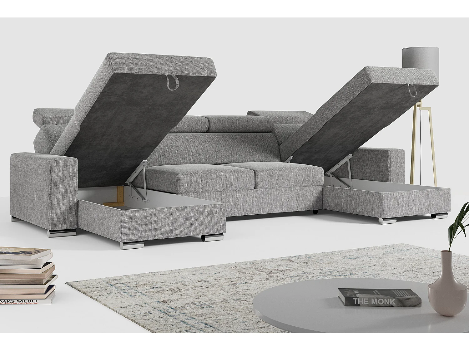 Ecksofa FOX U - verstellbare Kopfstützen, zwei Bettkästen, L-förmige Ecke mit Schlaffunktion, Armlehnen - Hellgrau, Stukture