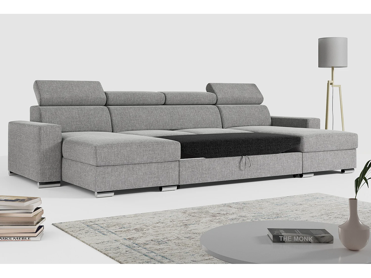 Ecksofa FOX U - verstellbare Kopfstützen, zwei Bettkästen, L-förmige Ecke mit Schlaffunktion, Armlehnen - Hellgrau, Stukture