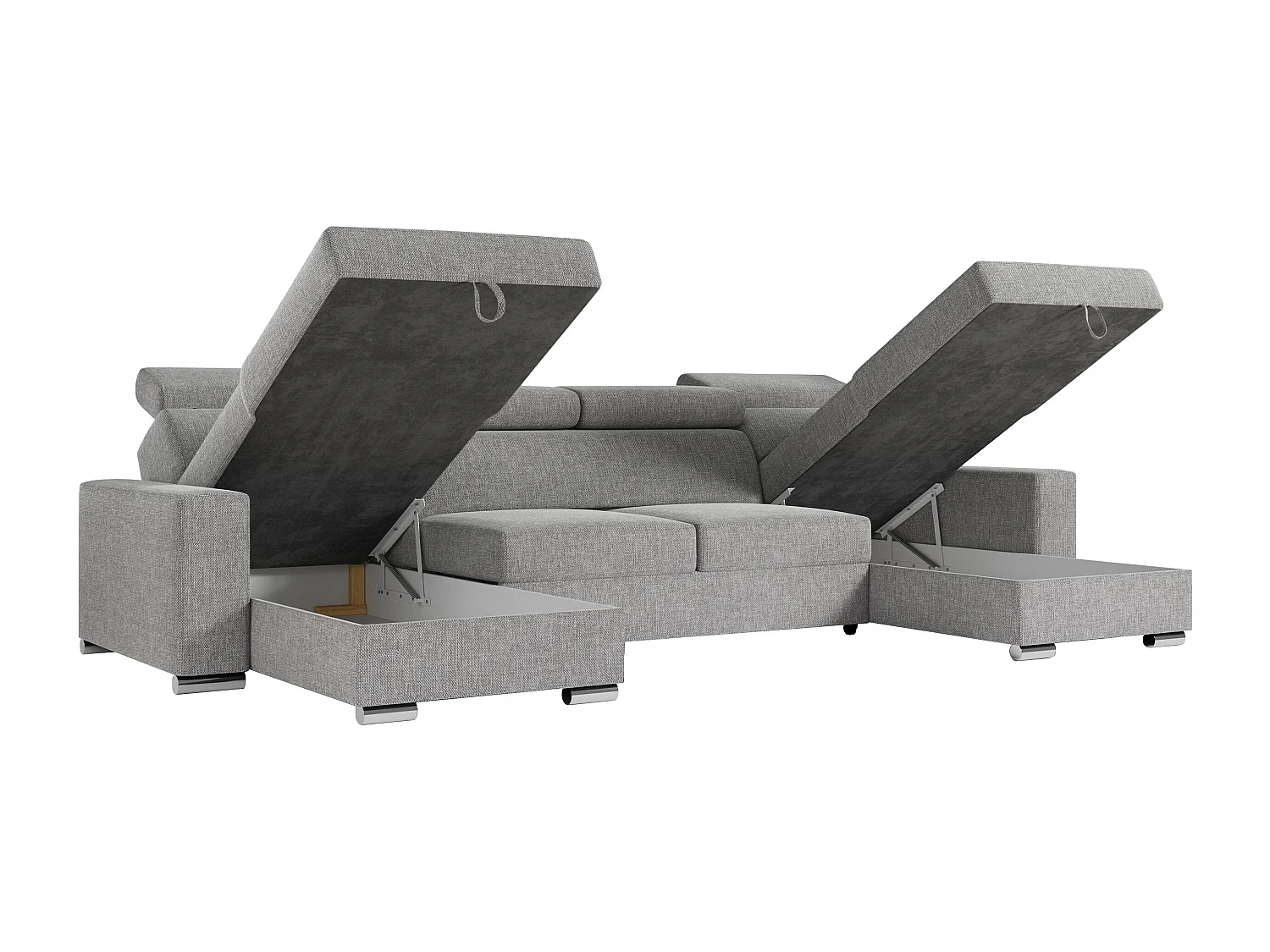 Ecksofa FOX U - verstellbare Kopfstützen, zwei Bettkästen, L-förmige Ecke mit Schlaffunktion, Armlehnen - Hellgrau, Stukture