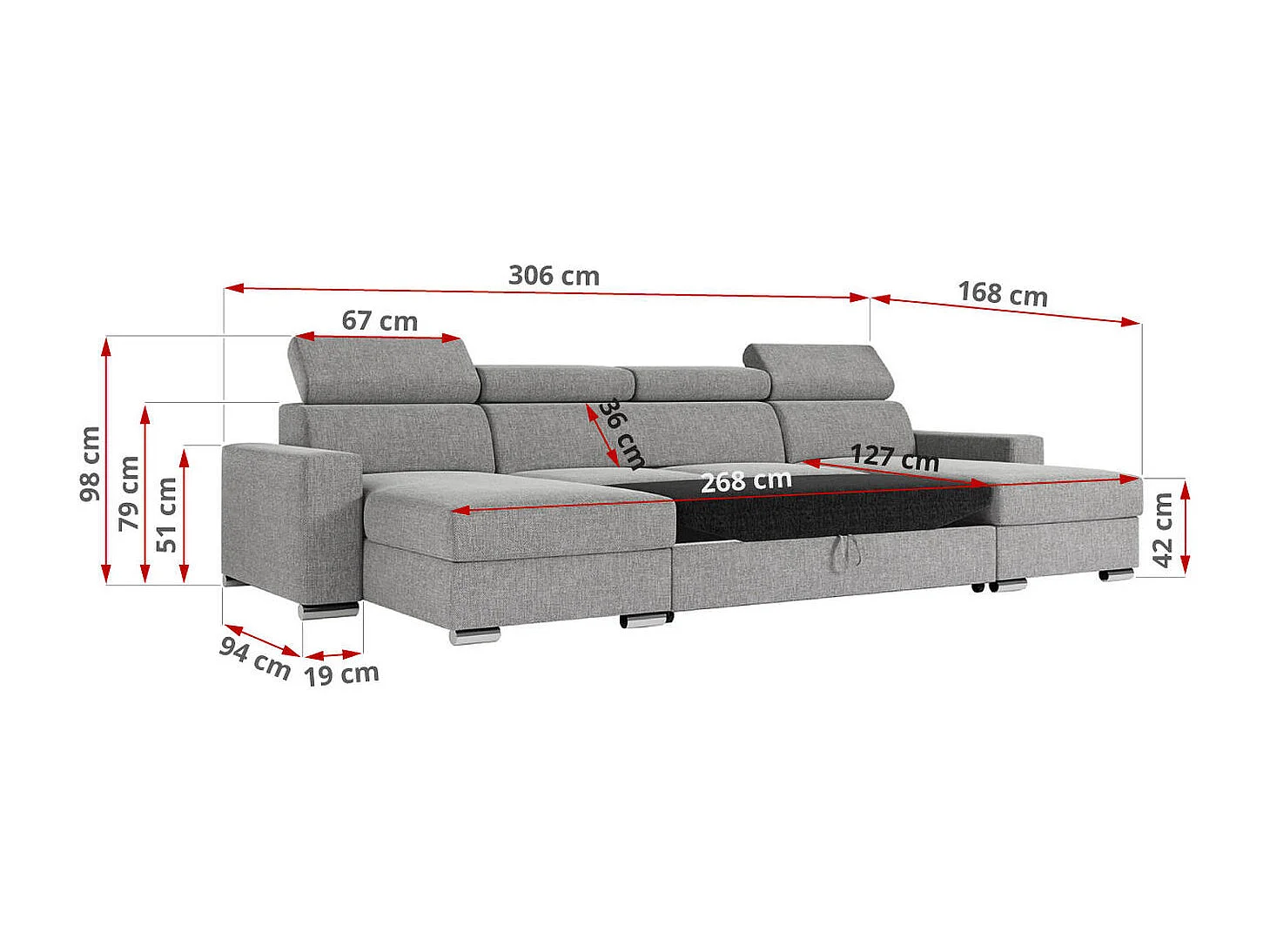 Ecksofa FOX U - verstellbare Kopfstützen, zwei Bettkästen, L-förmige Ecke mit Schlaffunktion, Armlehnen - Hellgrau, Stukture