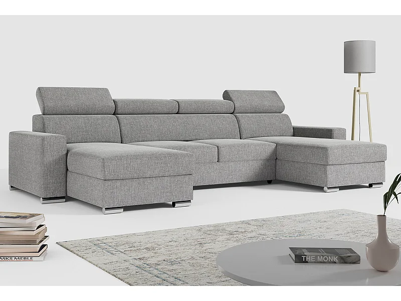 Ecksofa FOX U - verstellbare Kopfstützen, zwei Bettkästen, L-förmige Ecke mit Schlaffunktion, Armlehnen - Hellgrau, Stukture