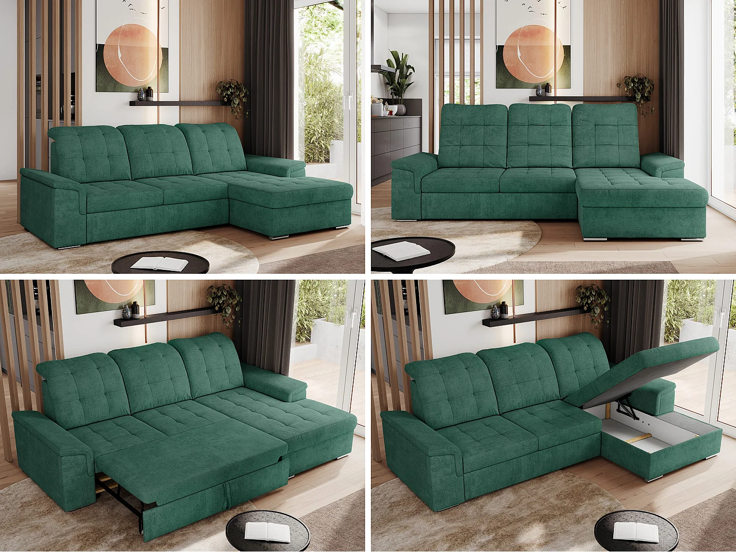 Ecksofa MADRITO - mit verstellbarer Rückenlehne, Armlehnen, gestepptem Sitz und Rückenlehne, Schlaffunktion - Grün Struktur - Ecke Rechts