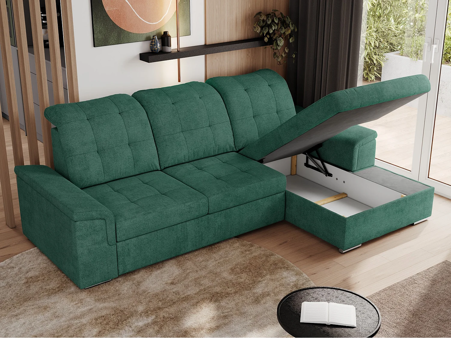 Ecksofa MADRITO - mit verstellbarer Rückenlehne, Armlehnen, gestepptem Sitz und Rückenlehne, Schlaffunktion - Grün Struktur - Ecke Rechts