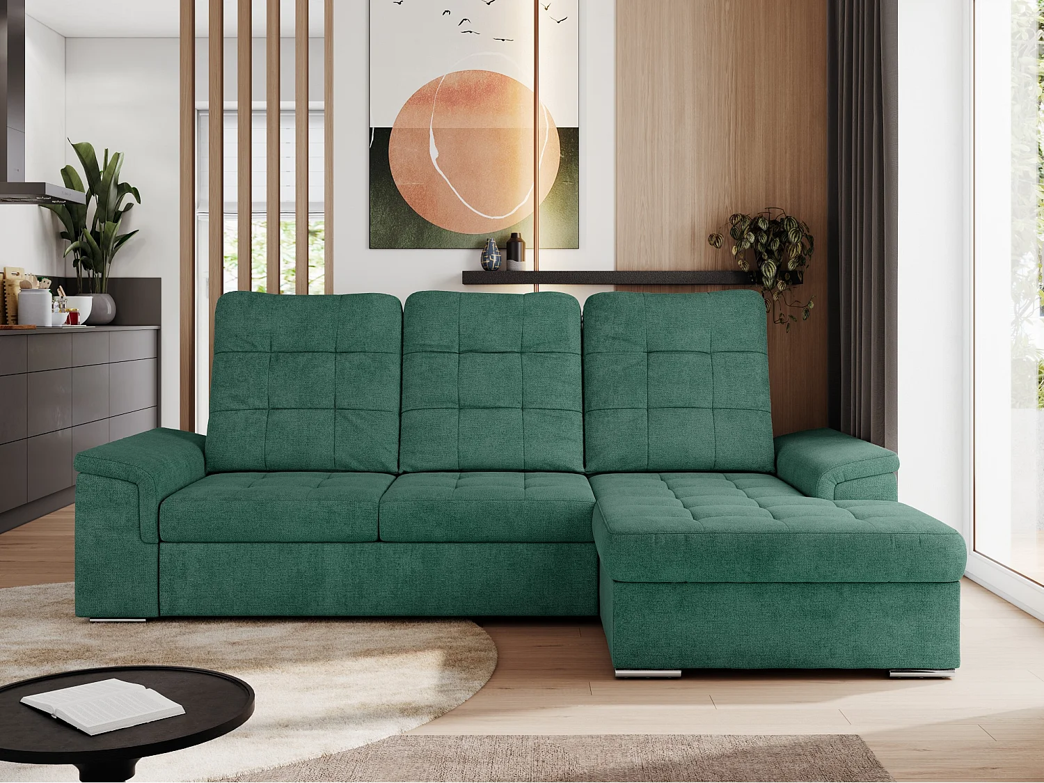 Ecksofa MADRITO - mit verstellbarer Rückenlehne, Armlehnen, gestepptem Sitz und Rückenlehne, Schlaffunktion - Grün Struktur - Ecke Rechts