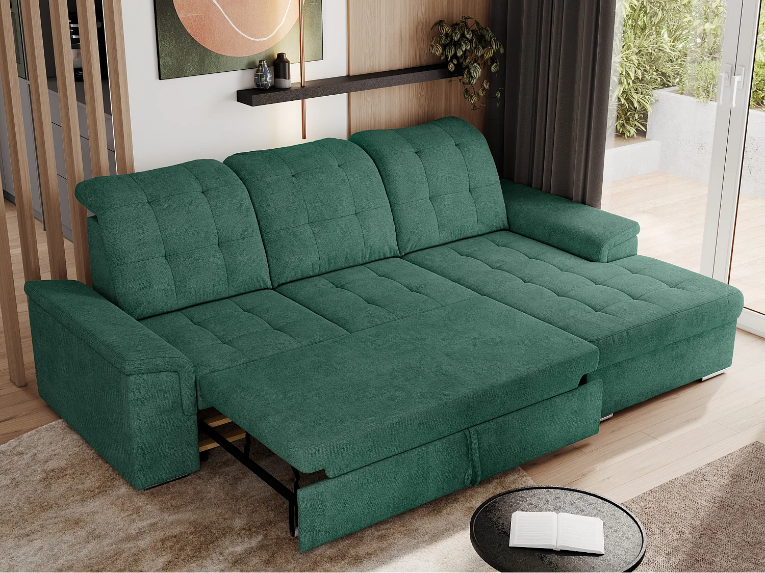 Ecksofa MADRITO - mit verstellbarer Rückenlehne, Armlehnen, gestepptem Sitz und Rückenlehne, Schlaffunktion - Grün Struktur - Ecke Rechts