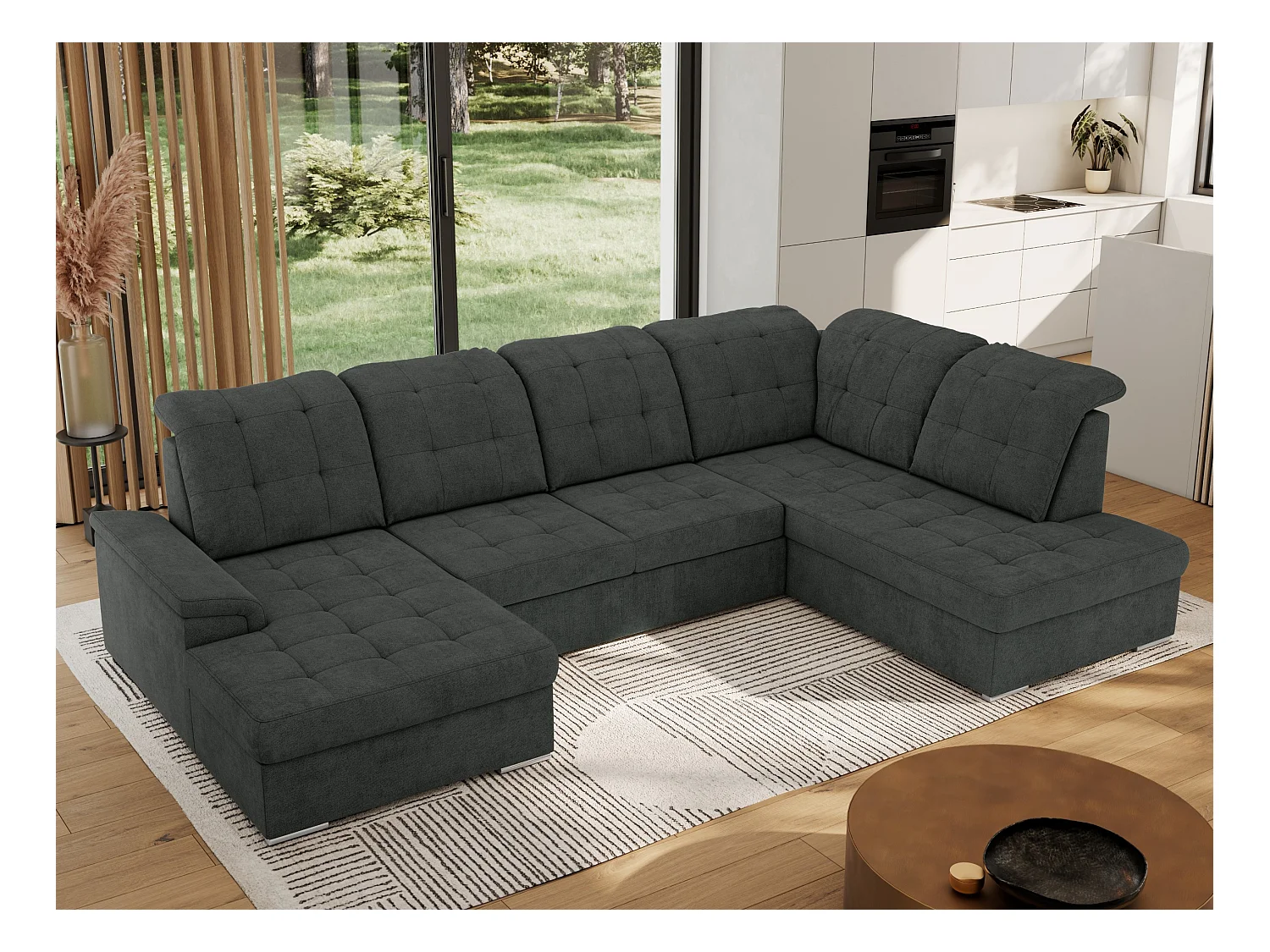 Ecksofa MADRITO U - mit verstellbarer Rückenlehne, Armlehne, L-förmige Ecke, Bettkasten - Dunkelgrau Struktur - Ecke Rechts