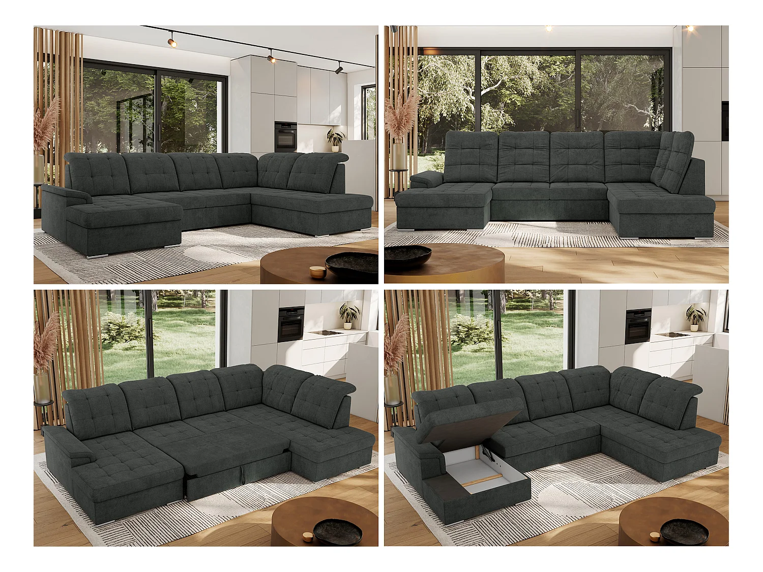 Ecksofa MADRITO U - mit verstellbarer Rückenlehne, Armlehne, L-förmige Ecke, Bettkasten - Dunkelgrau Struktur - Ecke Rechts