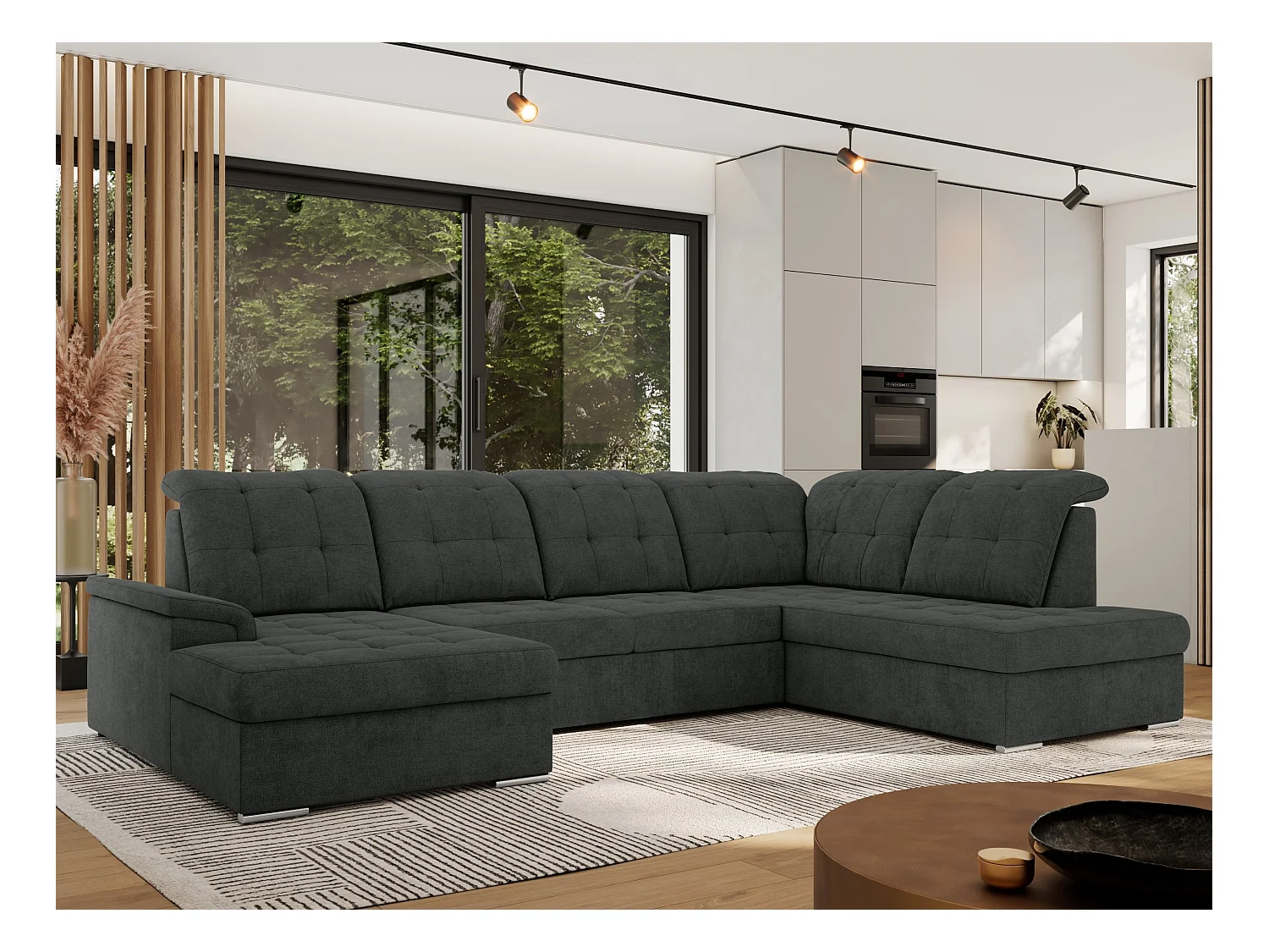 Ecksofa MADRITO U - mit verstellbarer Rückenlehne, Armlehne, L-förmige Ecke, Bettkasten - Dunkelgrau Struktur - Ecke Rechts