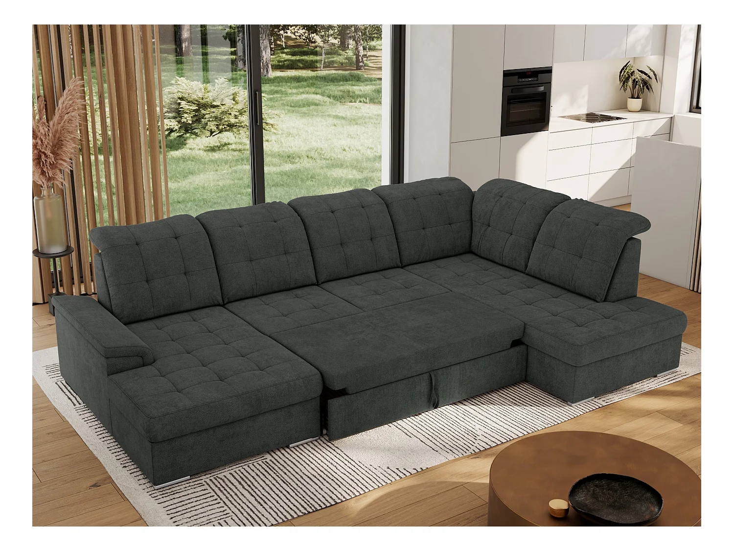 Ecksofa MADRITO U - mit verstellbarer Rückenlehne, Armlehne, L-förmige Ecke, Bettkasten - Dunkelgrau Struktur - Ecke Rechts