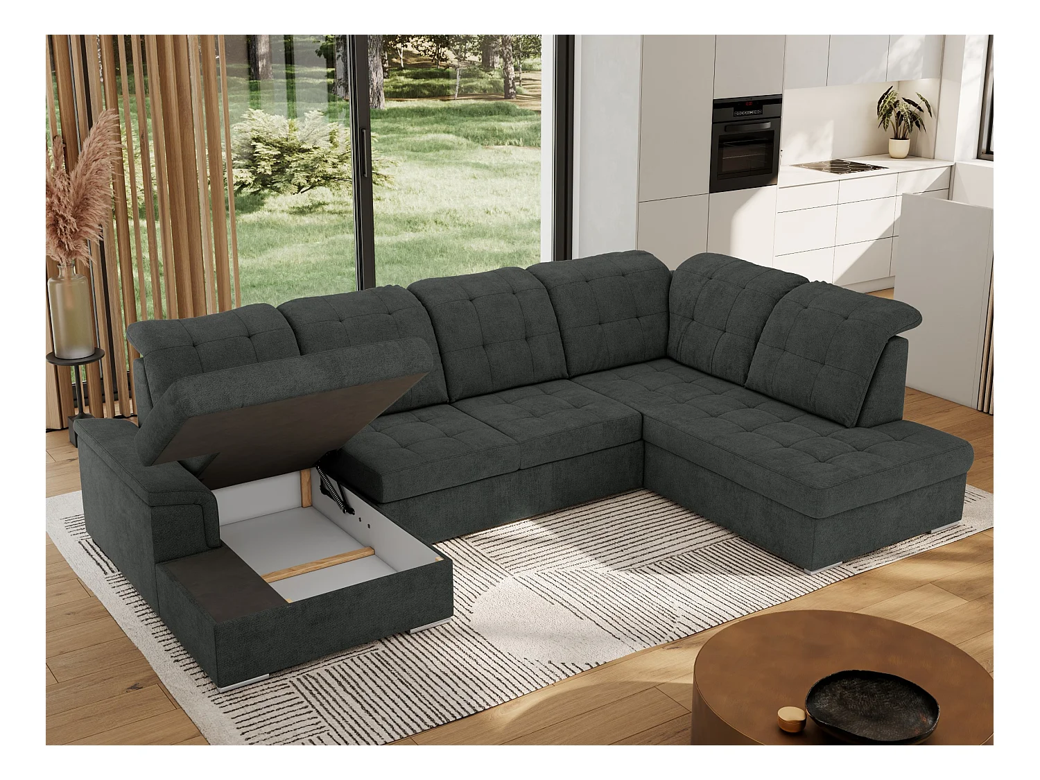 Ecksofa MADRITO U - mit verstellbarer Rückenlehne, Armlehne, L-förmige Ecke, Bettkasten - Dunkelgrau Struktur - Ecke Rechts