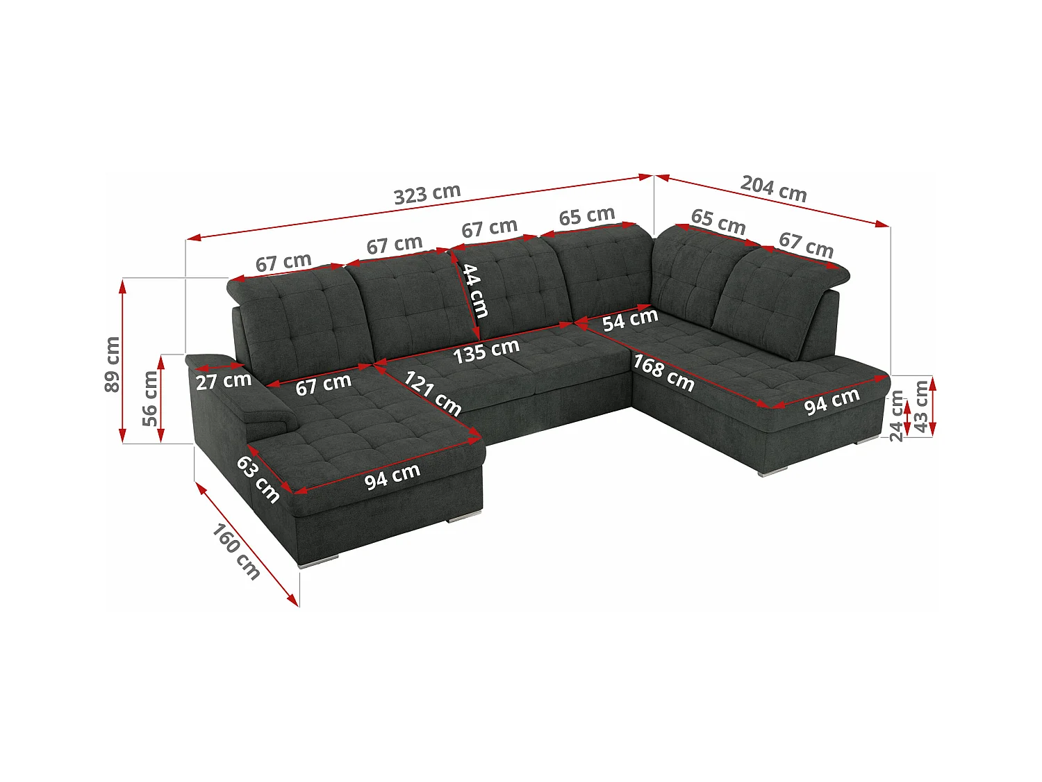 Ecksofa MADRITO U - mit verstellbarer Rückenlehne, Armlehne, L-förmige Ecke, Bettkasten - Dunkelgrau Struktur - Ecke Rechts