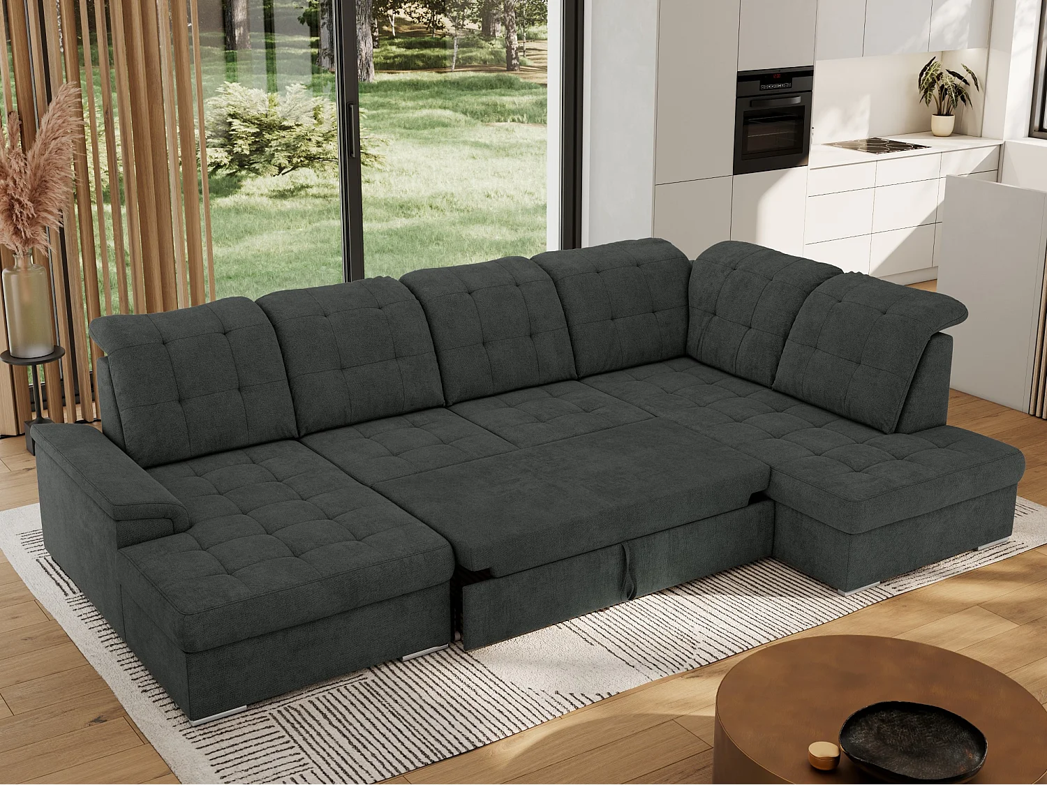 Ecksofa MADRITO U - mit verstellbarer Rückenlehne, Armlehne, L-förmige Ecke, Bettkasten - Dunkelgrau Struktur - Ecke Rechts