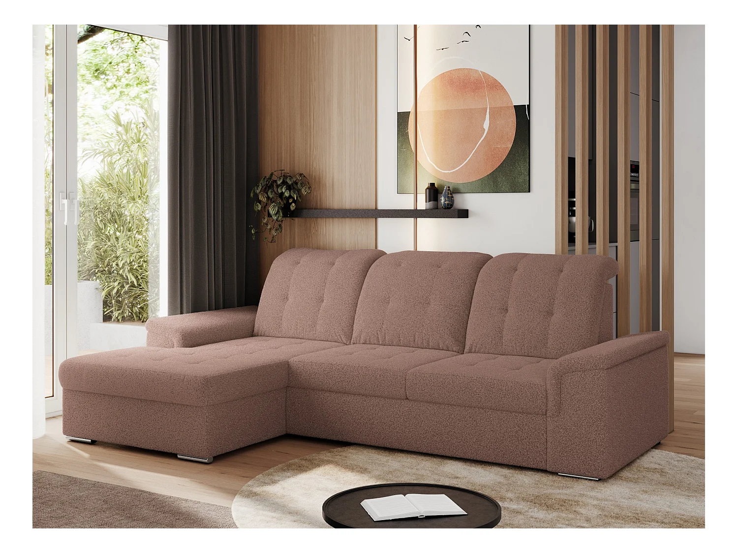 Ecksofa MADRITO - mit verstellbarer Rückenlehne, Armlehnen, gestepptem Sitz und Rückenlehne, Schlaffunktion - Rosa Boucle - Ecke Links