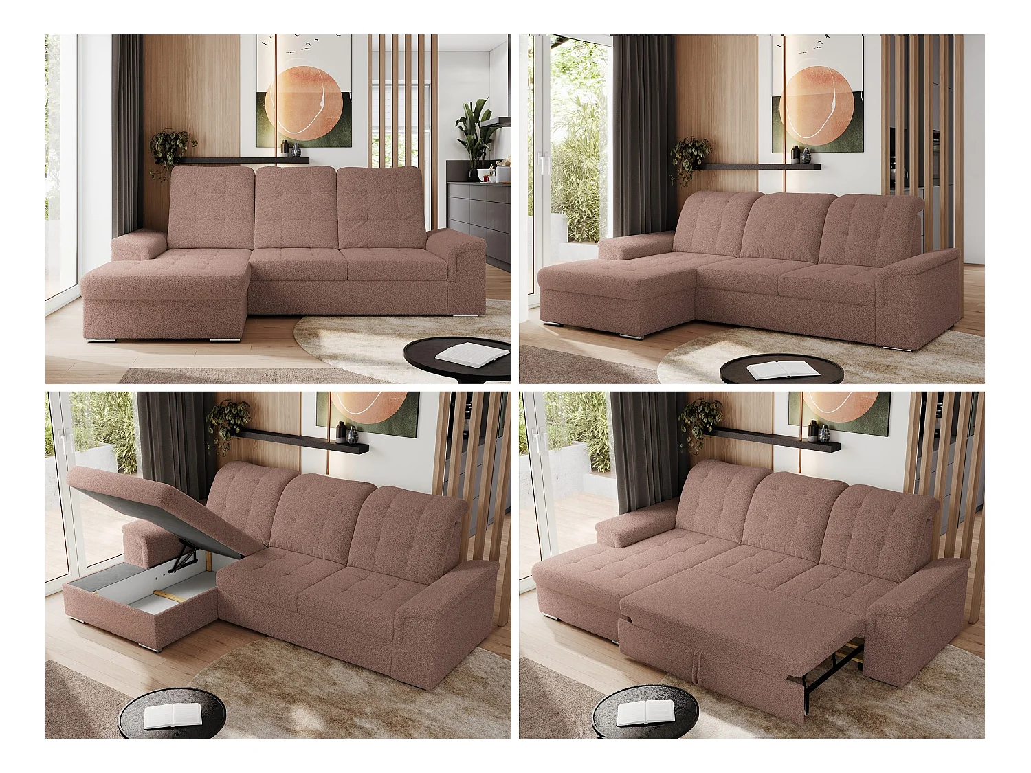 Ecksofa MADRITO - mit verstellbarer Rückenlehne, Armlehnen, gestepptem Sitz und Rückenlehne, Schlaffunktion - Rosa Boucle - Ecke Links