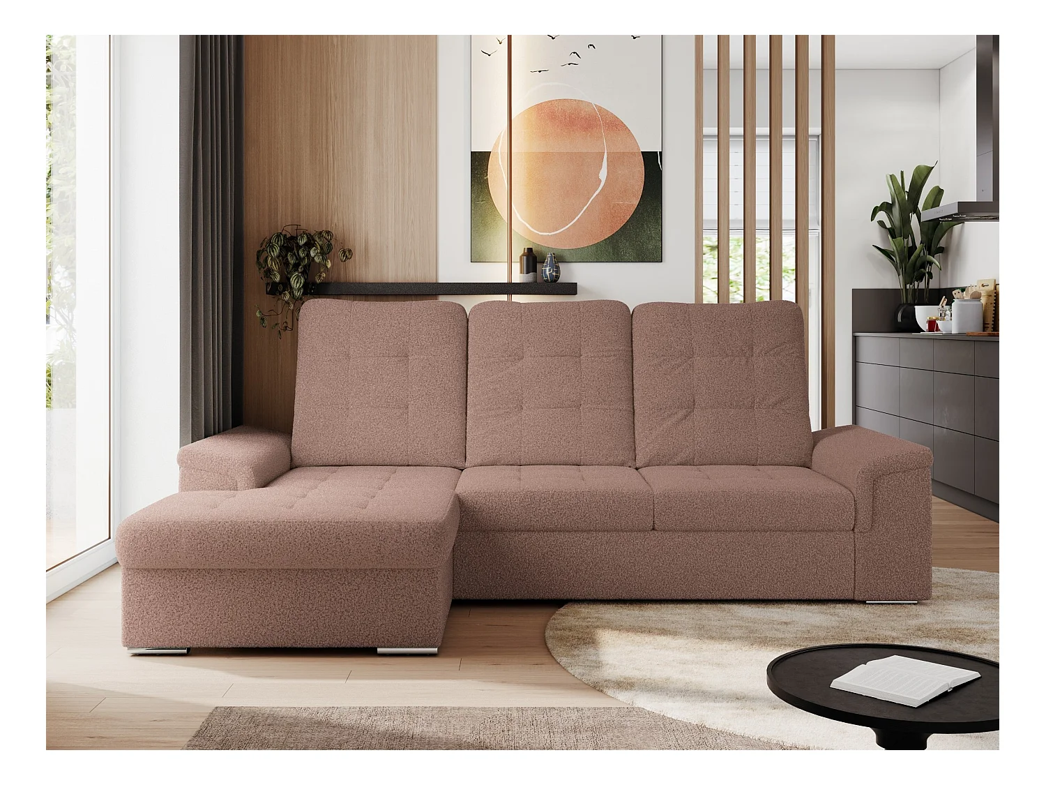 Ecksofa MADRITO - mit verstellbarer Rückenlehne, Armlehnen, gestepptem Sitz und Rückenlehne, Schlaffunktion - Rosa Boucle - Ecke Links