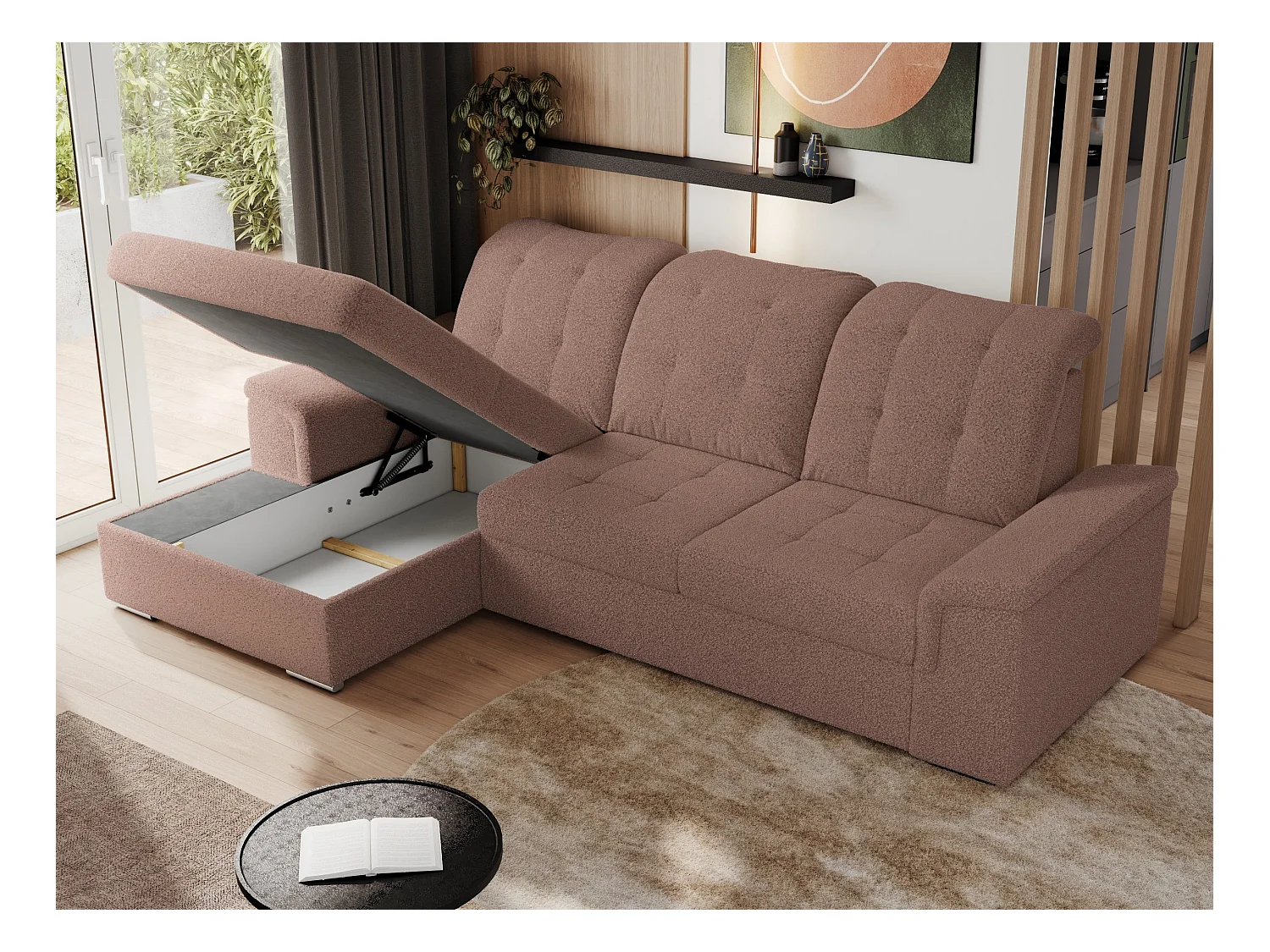 Ecksofa MADRITO - mit verstellbarer Rückenlehne, Armlehnen, gestepptem Sitz und Rückenlehne, Schlaffunktion - Rosa Boucle - Ecke Links