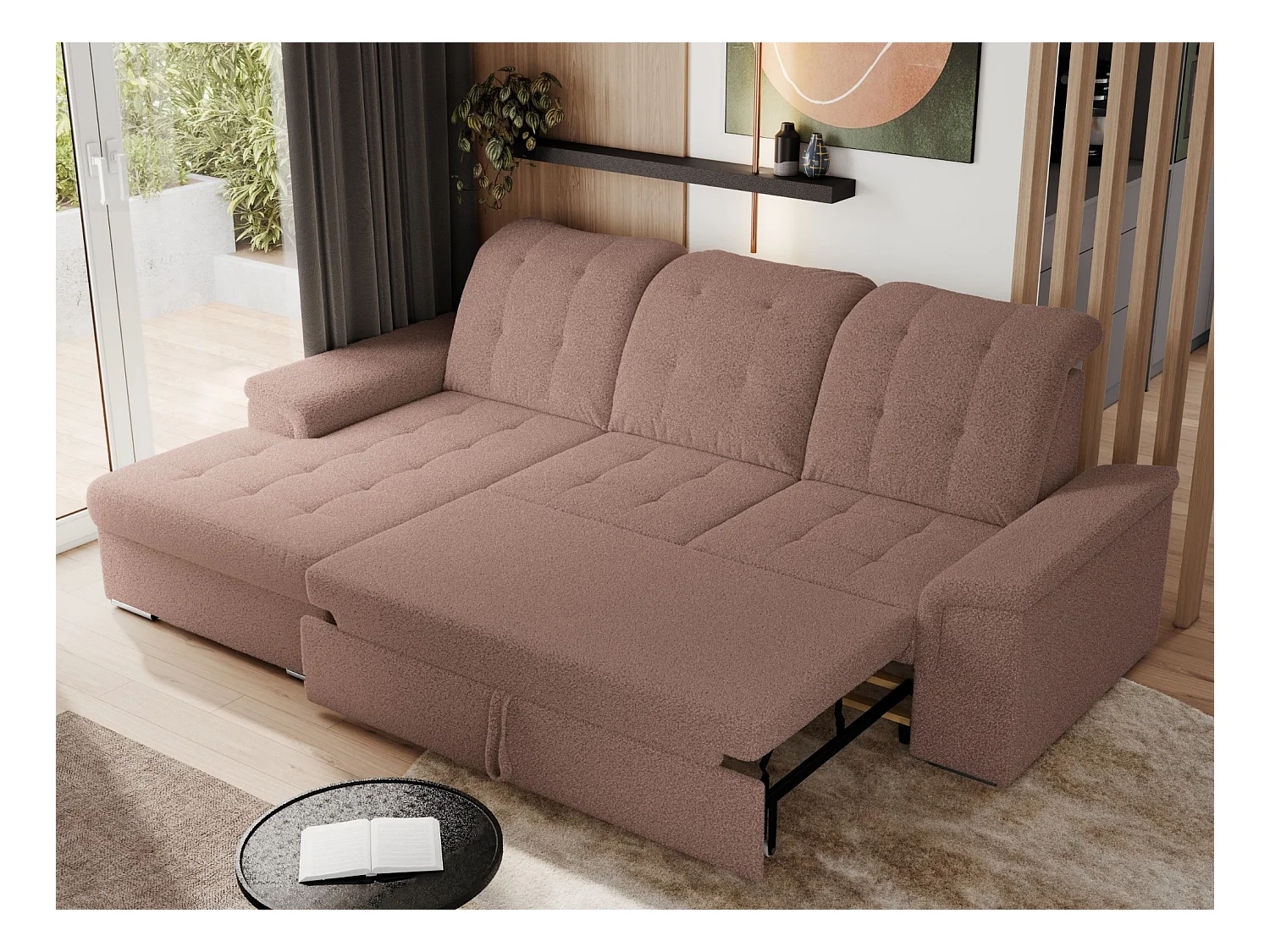 Ecksofa MADRITO - mit verstellbarer Rückenlehne, Armlehnen, gestepptem Sitz und Rückenlehne, Schlaffunktion - Rosa Boucle - Ecke Links