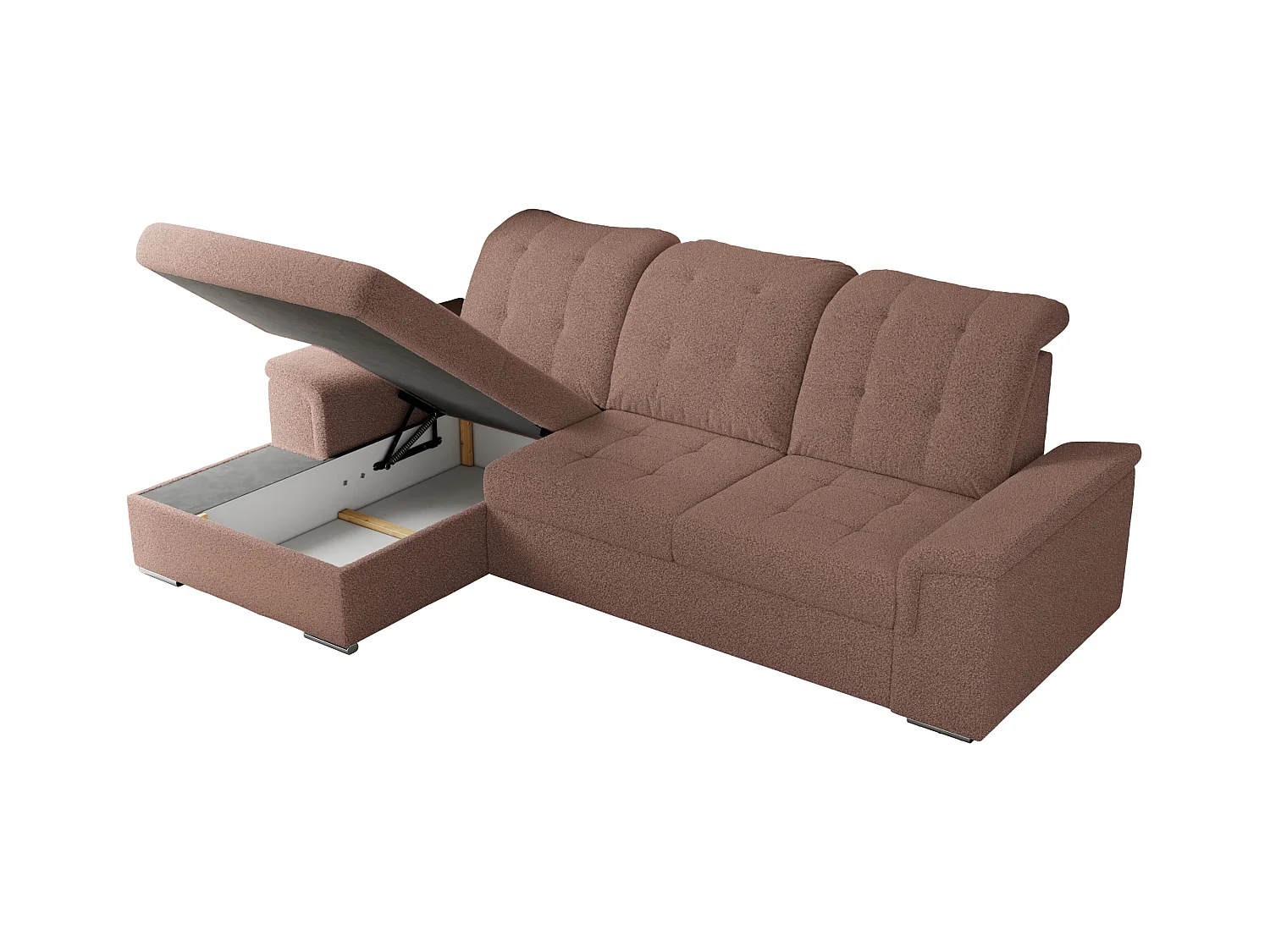 Ecksofa MADRITO - mit verstellbarer Rückenlehne, Armlehnen, gestepptem Sitz und Rückenlehne, Schlaffunktion - Rosa Boucle - Ecke Links