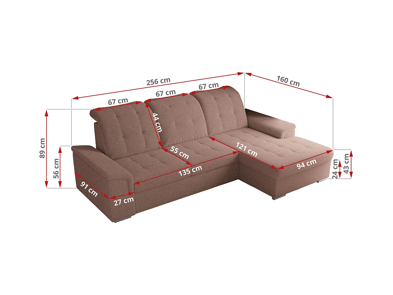Ecksofa MADRITO - mit verstellbarer Rückenlehne, Armlehnen, gestepptem Sitz und Rückenlehne, Schlaffunktion - Rosa Boucle - Ecke Links