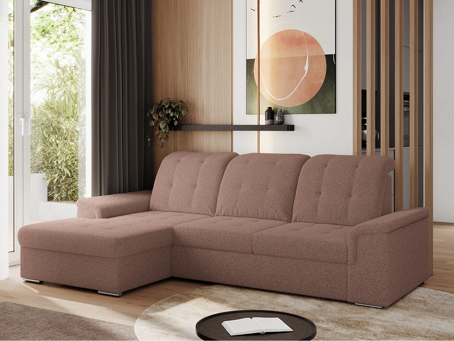 Ecksofa MADRITO - mit verstellbarer Rückenlehne, Armlehnen, gestepptem Sitz und Rückenlehne, Schlaffunktion - Rosa Boucle - Ecke Links