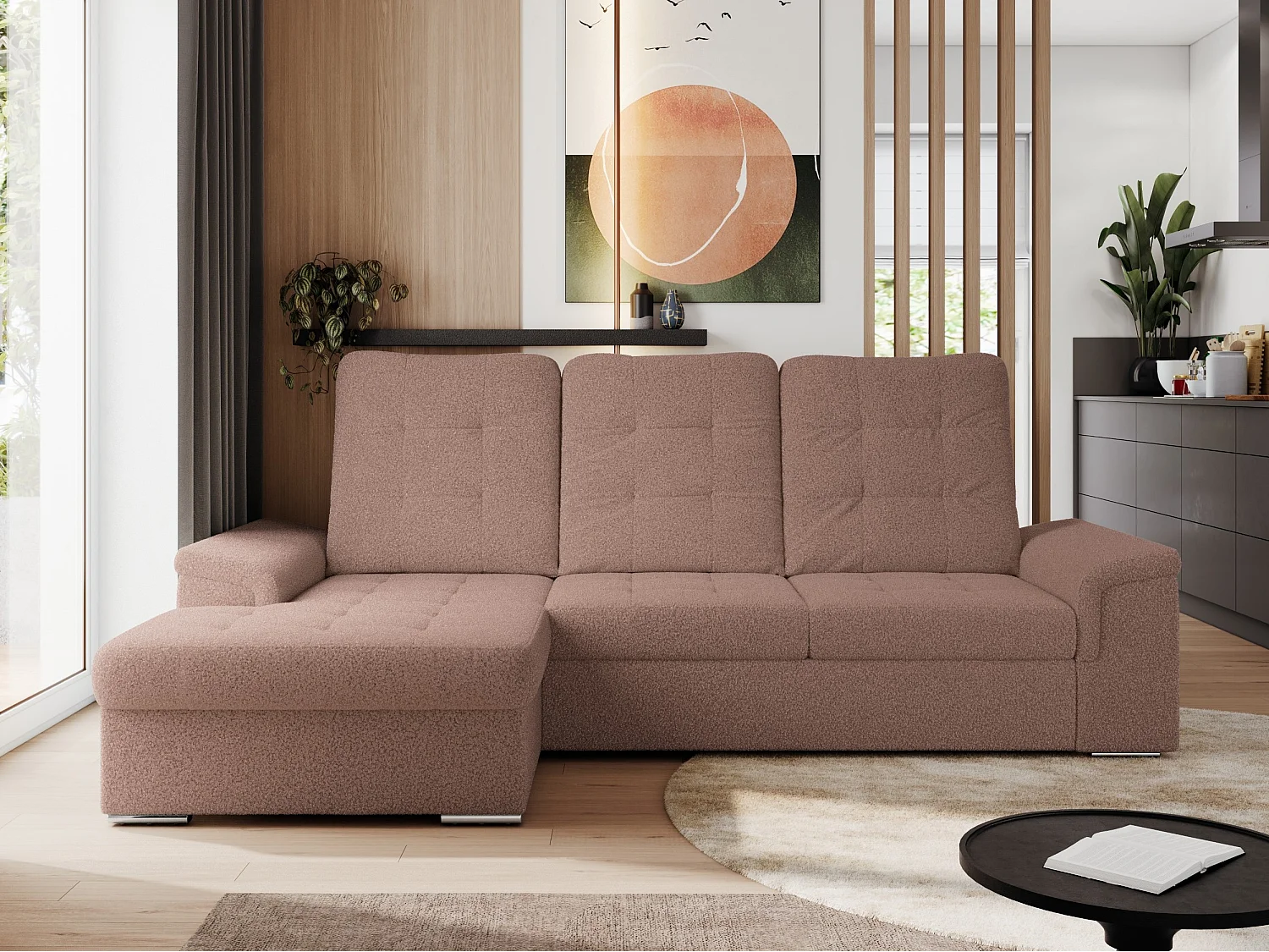 Ecksofa MADRITO - mit verstellbarer Rückenlehne, Armlehnen, gestepptem Sitz und Rückenlehne, Schlaffunktion - Rosa Boucle - Ecke Links