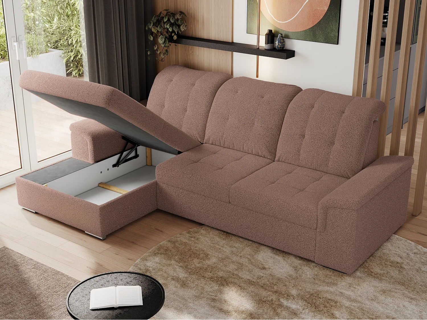 Ecksofa MADRITO - mit verstellbarer Rückenlehne, Armlehnen, gestepptem Sitz und Rückenlehne, Schlaffunktion - Rosa Boucle - Ecke Links