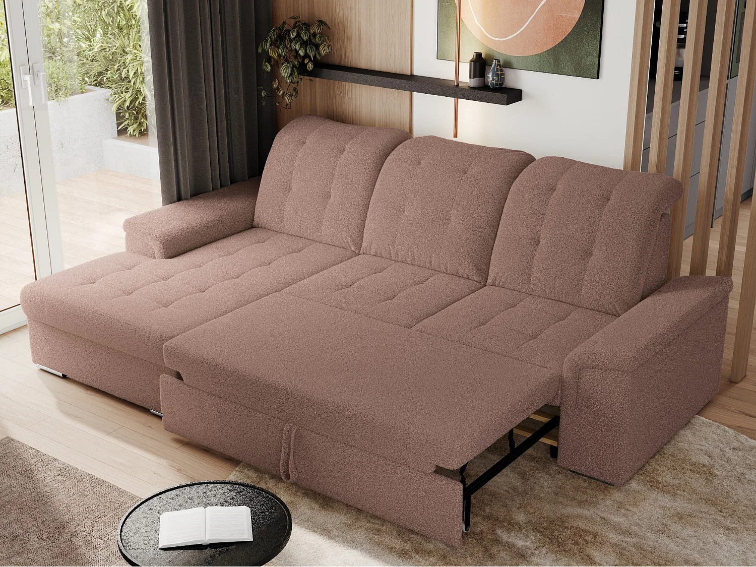 Ecksofa MADRITO - mit verstellbarer Rückenlehne, Armlehnen, gestepptem Sitz und Rückenlehne, Schlaffunktion - Rosa Boucle - Ecke Links