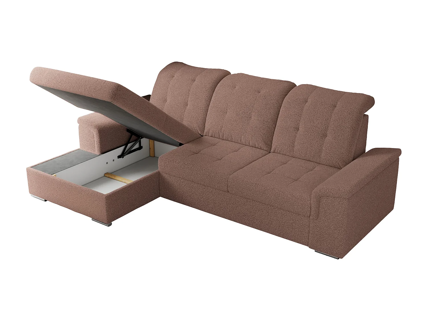Ecksofa MADRITO - mit verstellbarer Rückenlehne, Armlehnen, gestepptem Sitz und Rückenlehne, Schlaffunktion - Rosa Boucle - Ecke Links