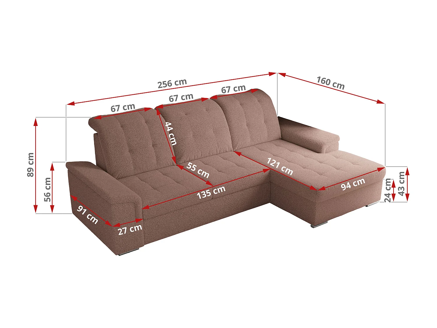 Ecksofa MADRITO - mit verstellbarer Rückenlehne, Armlehnen, gestepptem Sitz und Rückenlehne, Schlaffunktion - Rosa Boucle - Ecke Links
