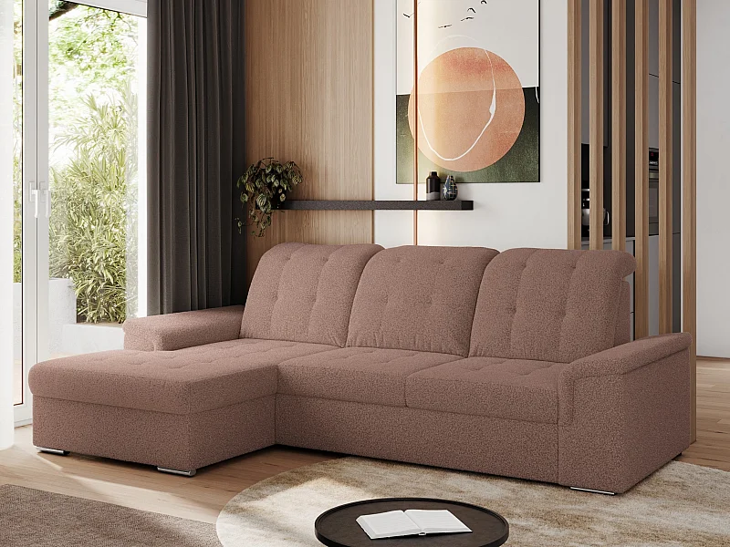 Ecksofa MADRITO - mit verstellbarer Rückenlehne, Armlehnen, gestepptem Sitz und Rückenlehne, Schlaffunktion - Rosa Boucle - Ecke Links