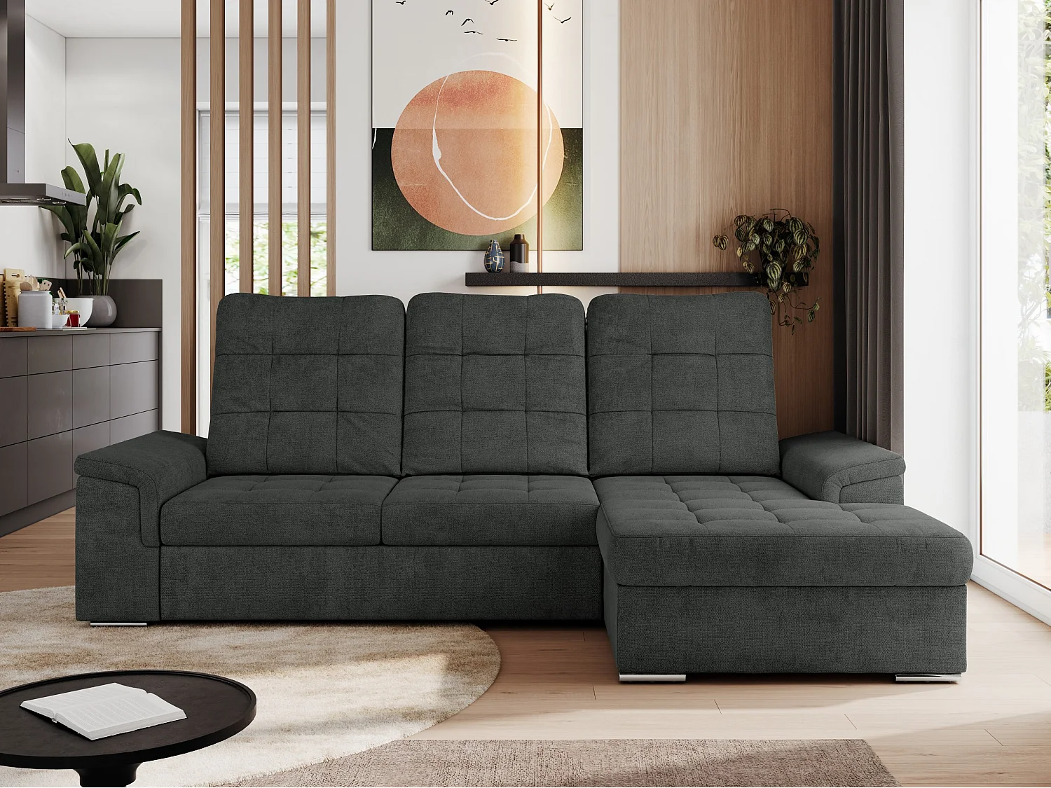 Ecksofa MADRITO - mit verstellbarer Rückenlehne, Armlehnen, gestepptem Sitz und Rückenlehne, Schlaffunktion - Dunkelgrau Struktur - Ecke Rechts