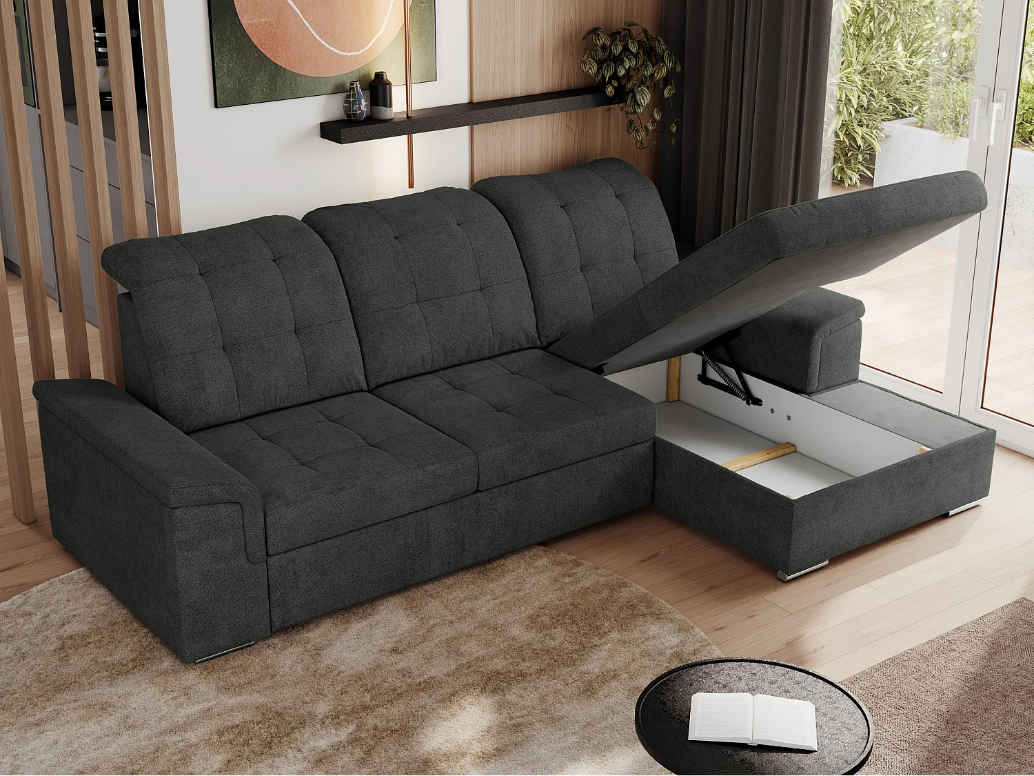 Ecksofa MADRITO - mit verstellbarer Rückenlehne, Armlehnen, gestepptem Sitz und Rückenlehne, Schlaffunktion - Dunkelgrau Struktur - Ecke Rechts