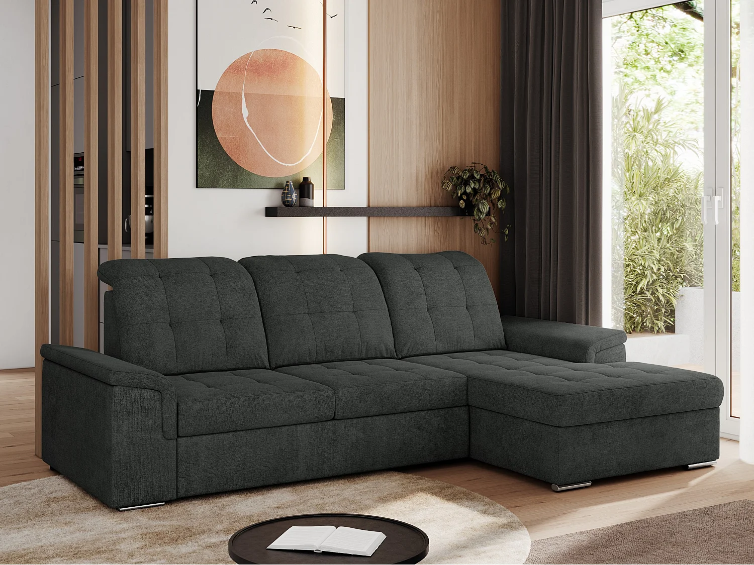 Ecksofa MADRITO - mit verstellbarer Rückenlehne, Armlehnen, gestepptem Sitz und Rückenlehne, Schlaffunktion - Dunkelgrau Struktur - Ecke Rechts