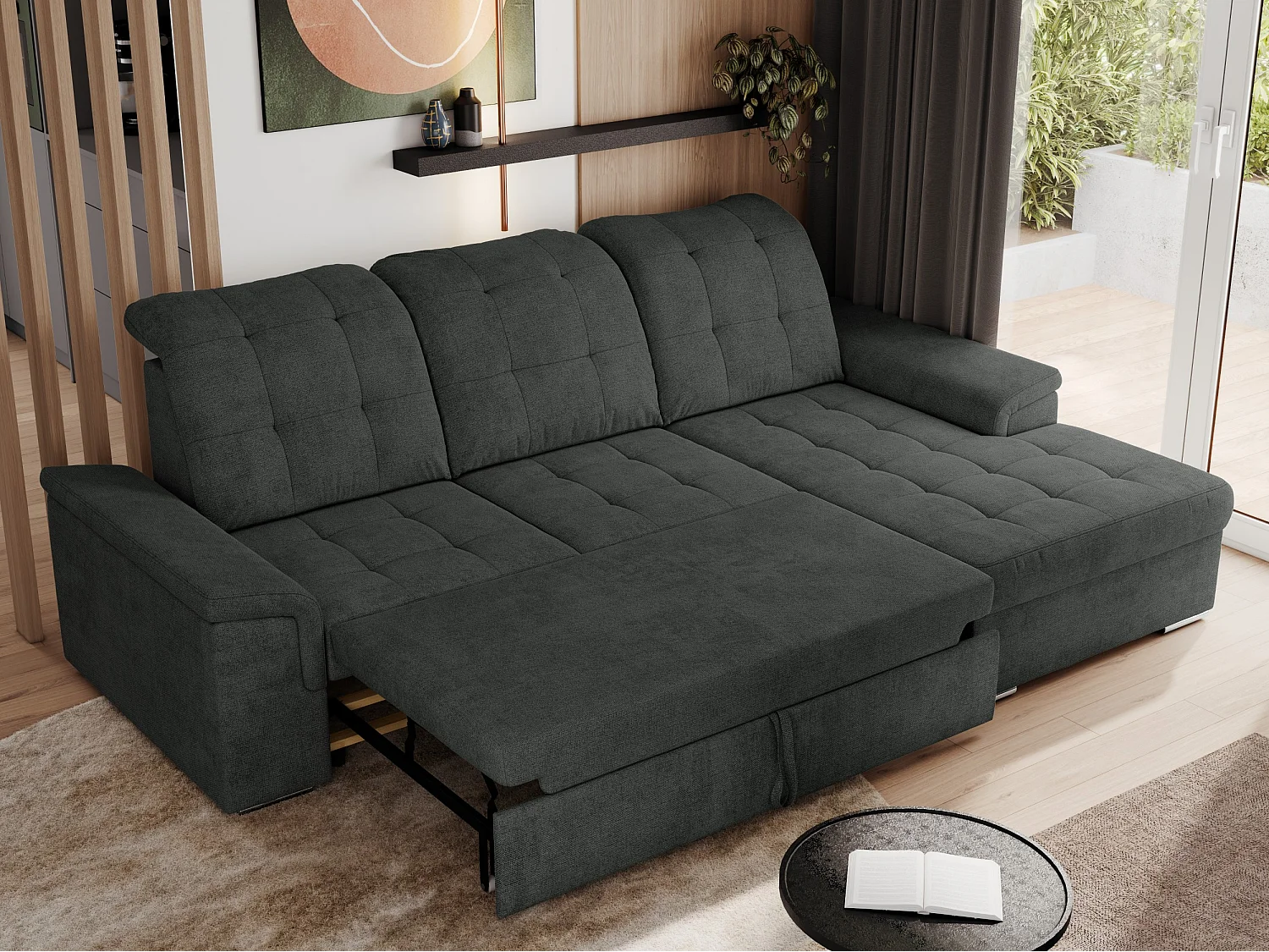 Ecksofa MADRITO - mit verstellbarer Rückenlehne, Armlehnen, gestepptem Sitz und Rückenlehne, Schlaffunktion - Dunkelgrau Struktur - Ecke Rechts