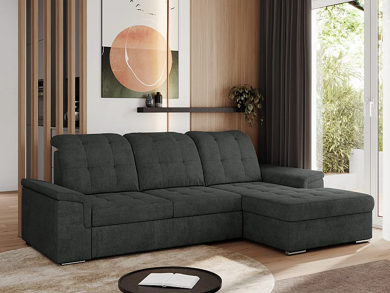 Ecksofa MADRITO - mit verstellbarer Rückenlehne, Armlehnen, gestepptem Sitz und Rückenlehne, Schlaffunktion - Dunkelgrau Struktur - Ecke Rechts