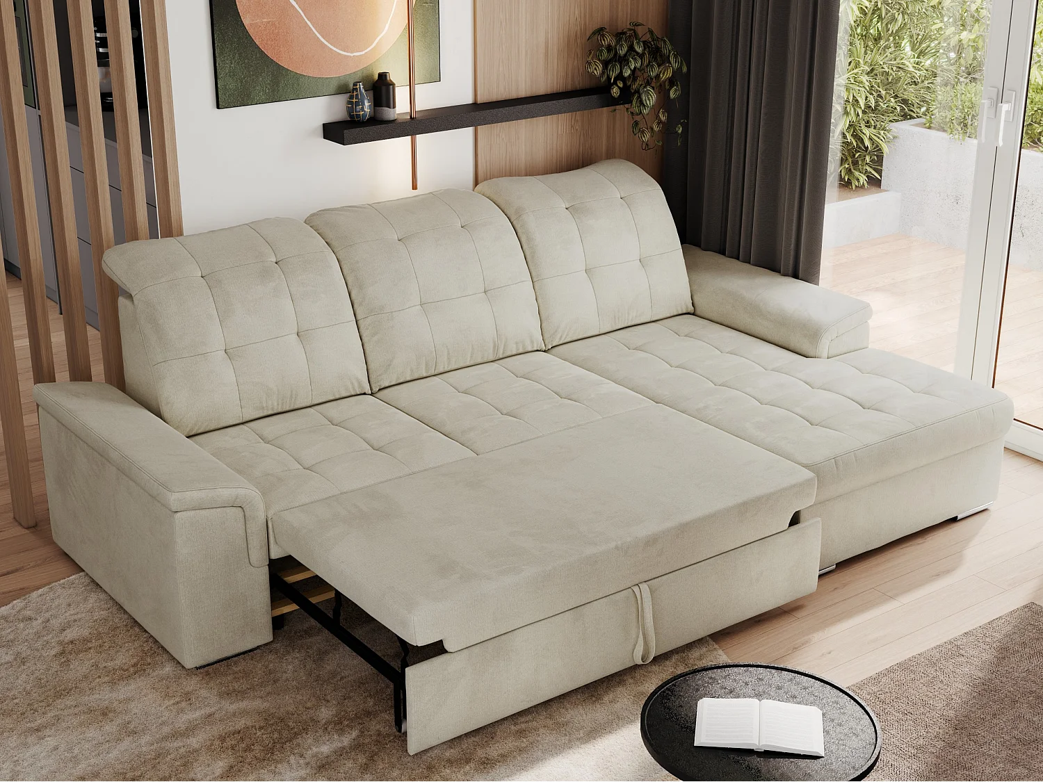 Ecksofa MADRITO - mit verstellbarer Rückenlehne, Armlehnen, gestepptem Sitz und Rückenlehne, Schlaffunktion - Beige Velvet - Ecke Rechts