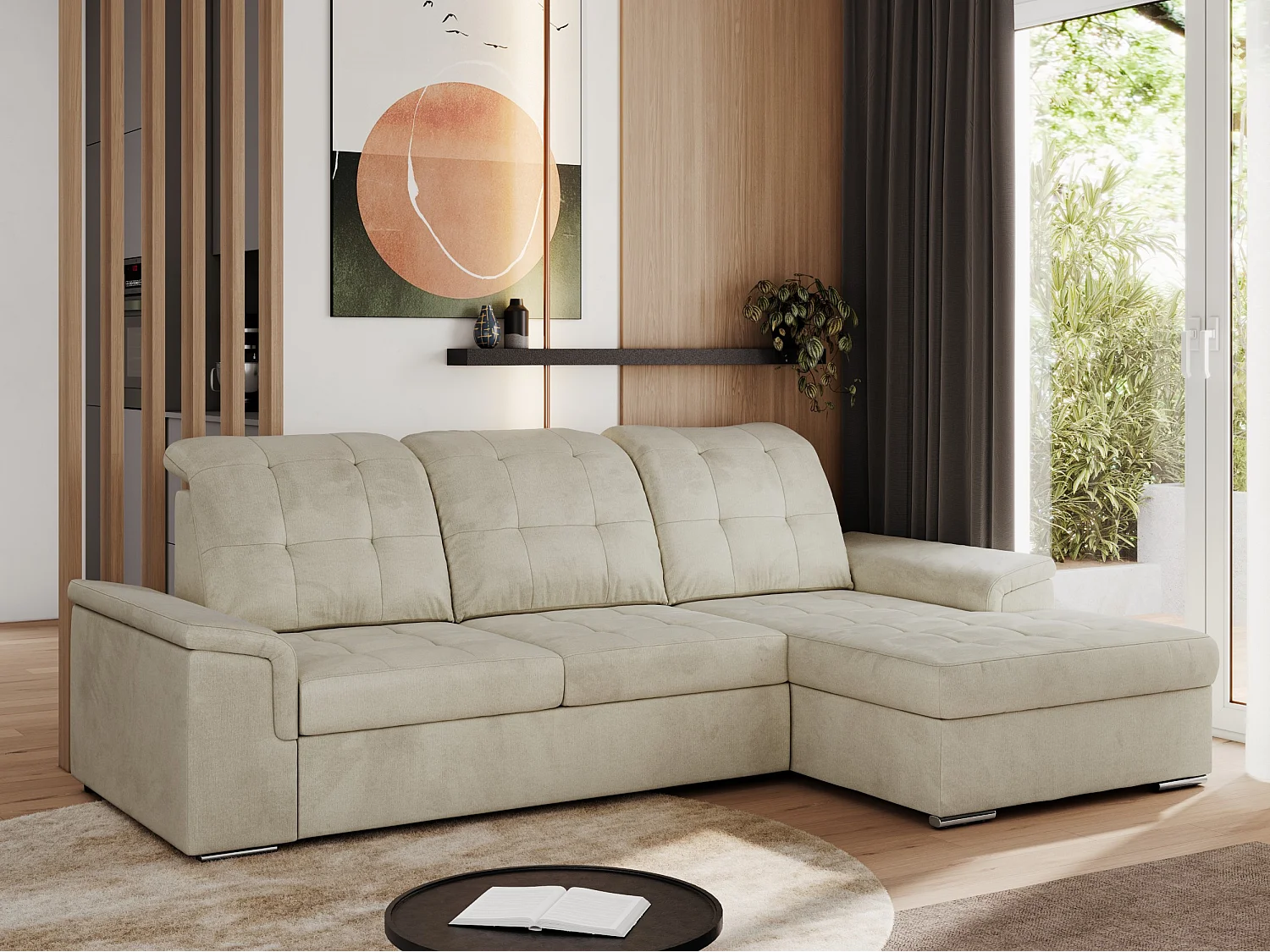Ecksofa MADRITO - mit verstellbarer Rückenlehne, Armlehnen, gestepptem Sitz und Rückenlehne, Schlaffunktion - Beige Velvet - Ecke Rechts