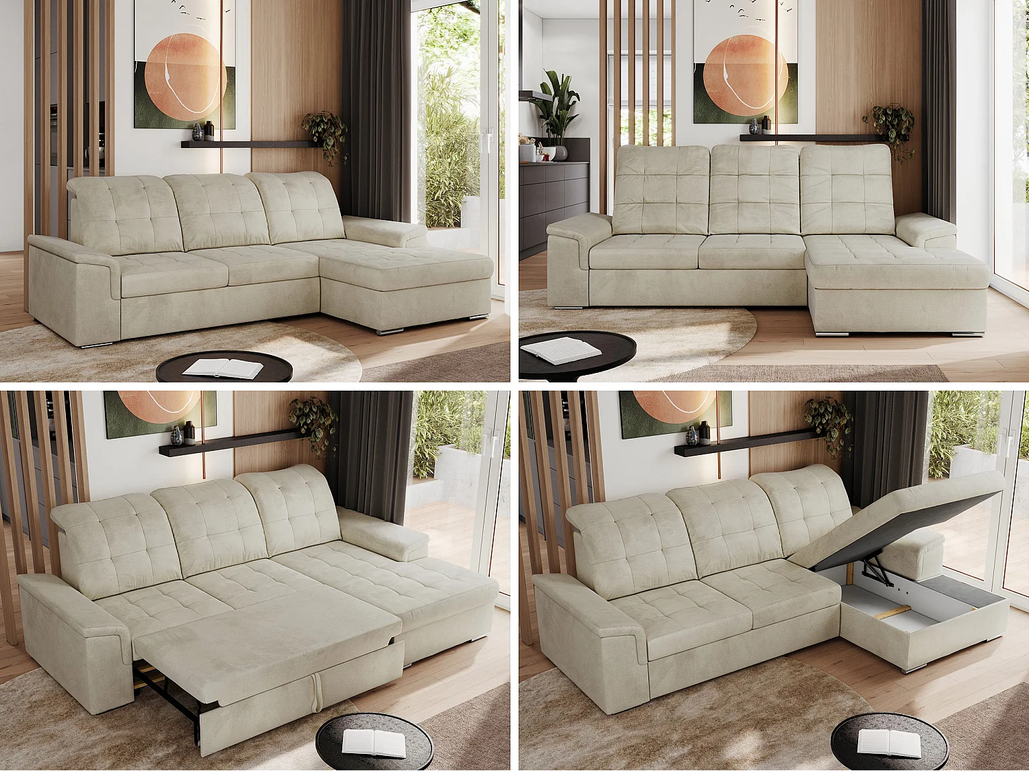 Ecksofa MADRITO - mit verstellbarer Rückenlehne, Armlehnen, gestepptem Sitz und Rückenlehne, Schlaffunktion - Beige Velvet - Ecke Rechts