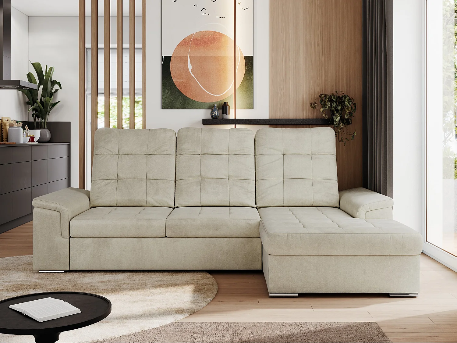 Ecksofa MADRITO - mit verstellbarer Rückenlehne, Armlehnen, gestepptem Sitz und Rückenlehne, Schlaffunktion - Beige Velvet - Ecke Rechts