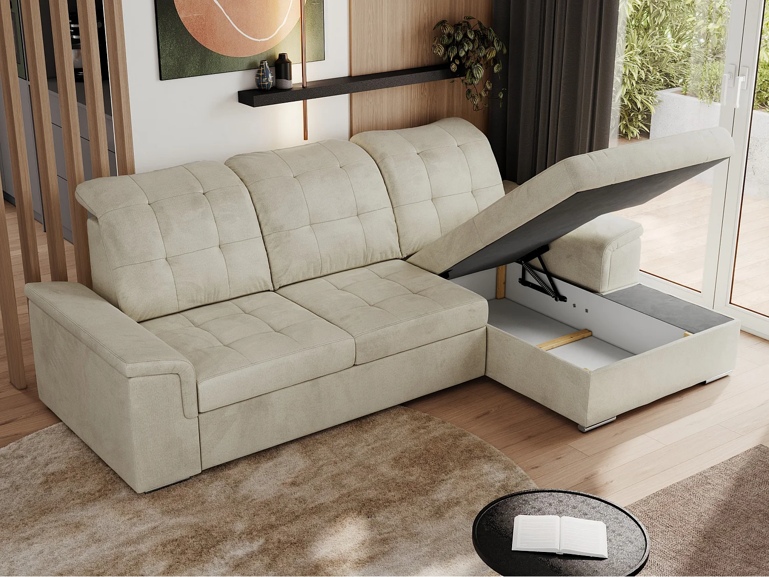 Ecksofa MADRITO - mit verstellbarer Rückenlehne, Armlehnen, gestepptem Sitz und Rückenlehne, Schlaffunktion - Beige Velvet - Ecke Rechts