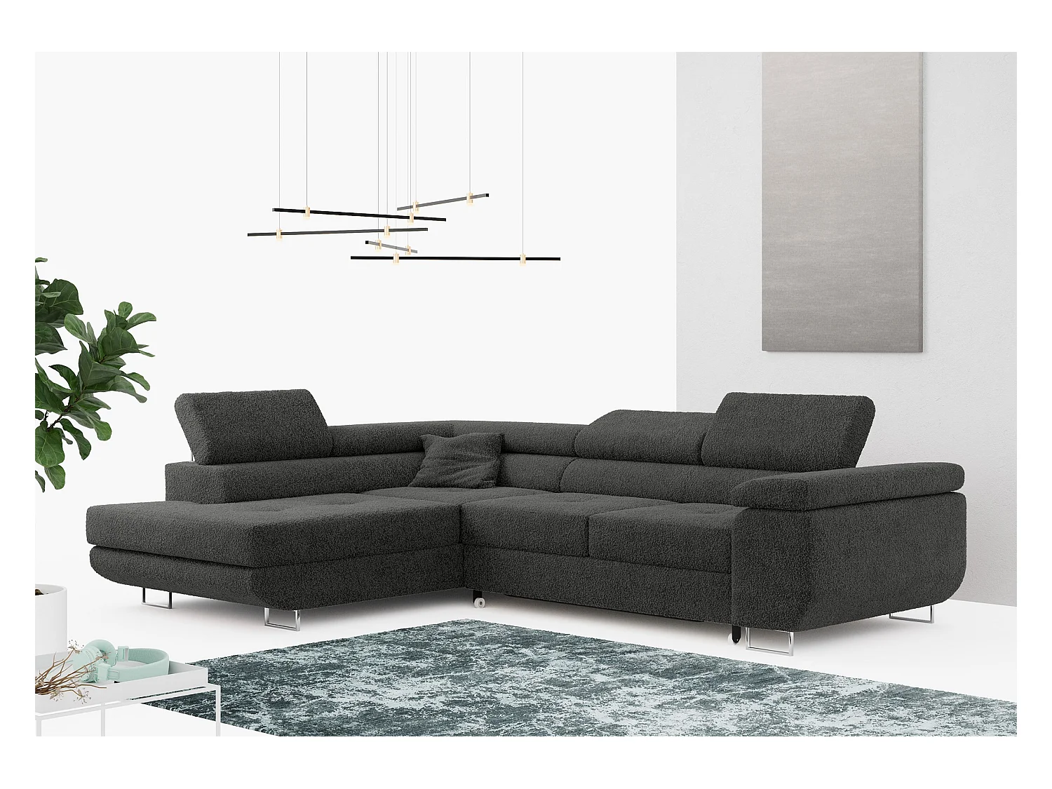Ecksofa GUSTAW - mit Schlaffunktion, verstellbare Kopfstützen, Metallbeine - Dunkelgrau Boucle - Ecke Links
