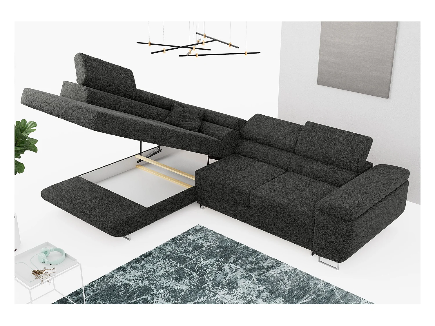 Ecksofa GUSTAW - mit Schlaffunktion, verstellbare Kopfstützen, Metallbeine - Dunkelgrau Boucle - Ecke Links