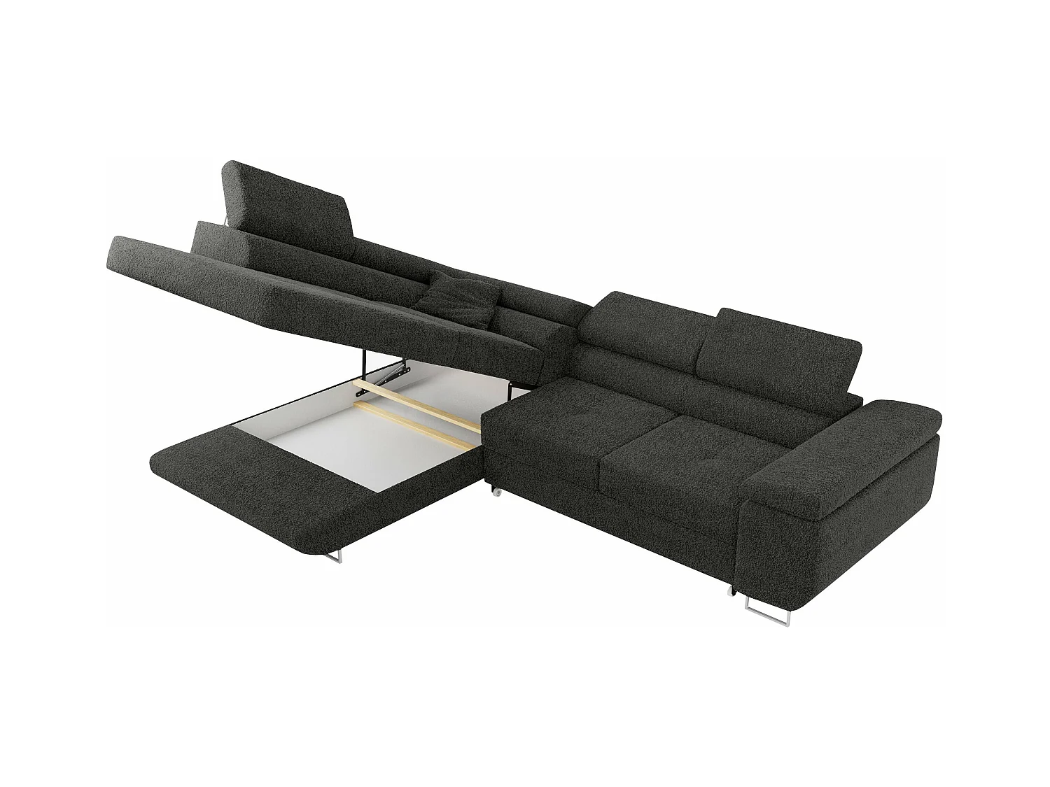 Ecksofa GUSTAW - mit Schlaffunktion, verstellbare Kopfstützen, Metallbeine - Dunkelgrau Boucle - Ecke Links