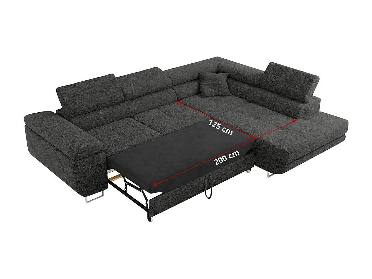 Ecksofa GUSTAW - mit Schlaffunktion, verstellbare Kopfstützen, Metallbeine - Dunkelgrau Boucle - Ecke Links